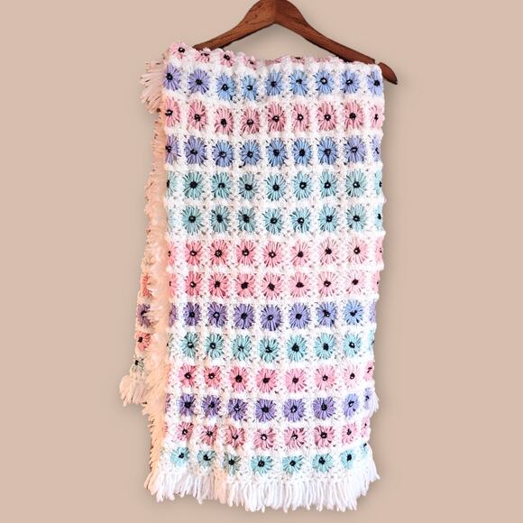 Floral Afghan Crochet Multi-Colored Handmade Large Fringe Throw 50